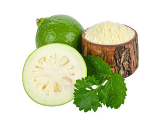 Still life green melon whole, slice, powder in rustic container, mint sprigs