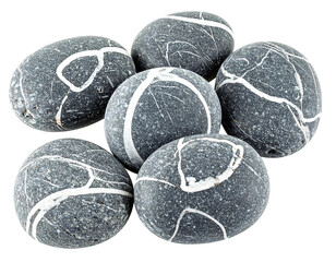 Six smooth, gray-toned pebbles display white veins, resting against a transparent black backdrop