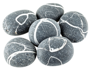 Six smooth, gray-toned pebbles display white veins, resting against a transparent black backdrop