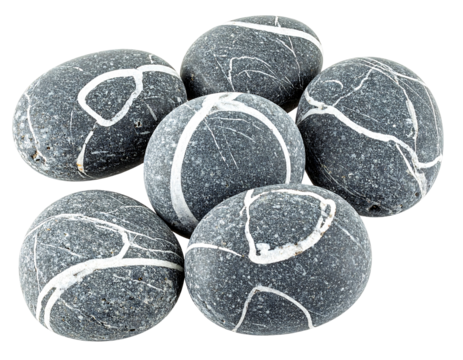 Six smooth, gray-toned pebbles display white veins, resting against a transparent black backdrop