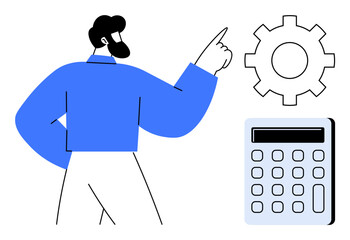 Man pointing at gear symbol next to calculator, representing planning, problem-solving, finance, decision-making, and process improvement. Ideal for business, strategy, teamwork budgeting analysis