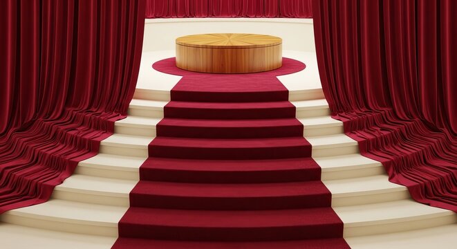 Grand staircase with red carpet and wooden podium surrounded by velvet drapes
