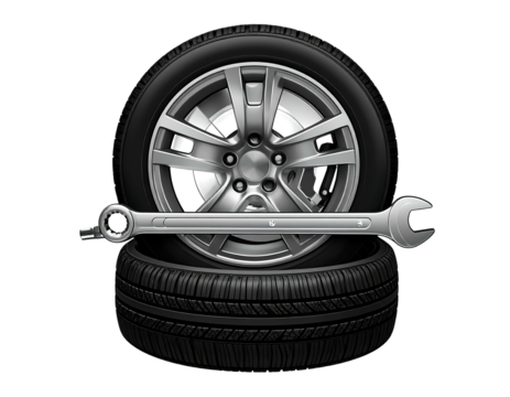 Stacked black tires with silver wheel and wrench on a black backdrop, suggesting automotive service or repair