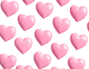 Glossy pink hearts are randomly dispersed against a stark, dark background, suggesting love, affection, and a romantic theme