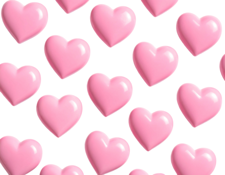 Glossy pink hearts are randomly dispersed against a stark, dark background, suggesting love, affection, and a romantic theme - Powered by Adobe