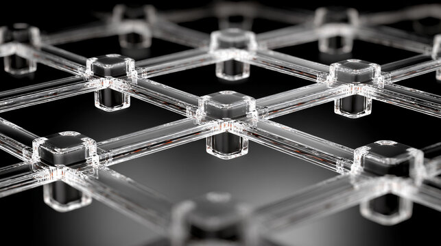 Transparent floating grids symbolizing innovation and connectivity — sleek, geometric, and hyperrealistic, blending technology and imagination in luminous spatial balance.