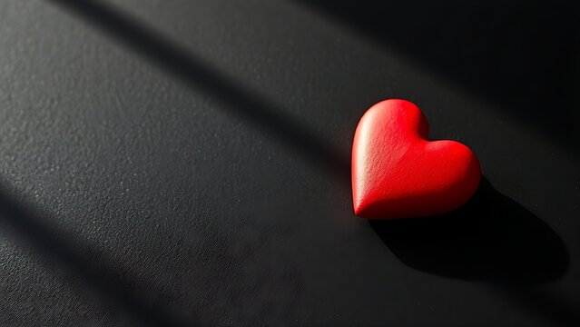 Red heart-shaped object on a dark textured surface, conveying emotion through minimalist design.