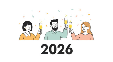 Celebrating the Arrival of 2026 with Joyful Toasts and Festive Confetti, perfect for New Year Greetings, Event Invitations, and Celebration Announcements