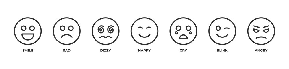 Fototapeta premium Pure Emotion Icons set vector illustration outline with Smile, Sad, Dizzy, Happy, Cry, Blink, Angry