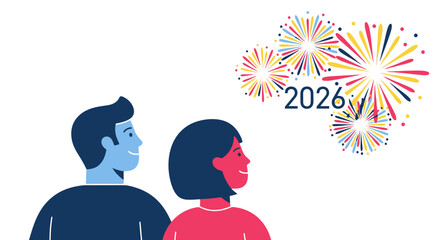 Illustration of a couple celebrating New Year 2026 with colorful fireworks display against a clean white background, perfect for festive greetings and event promotions.