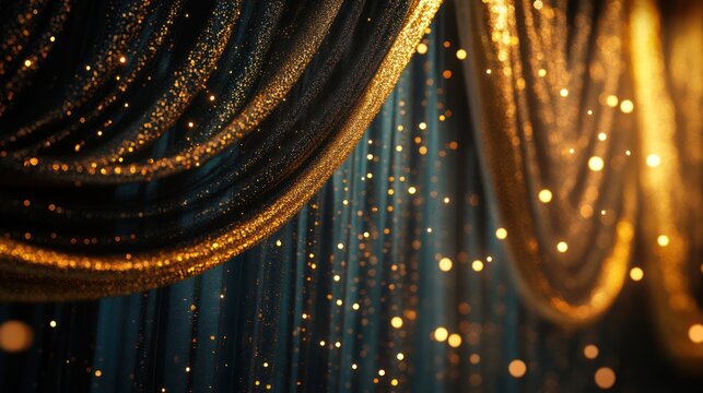 Golden Drapes with Glittering Lights. Use Stock photo for event, ceremony, or theater backgrounds