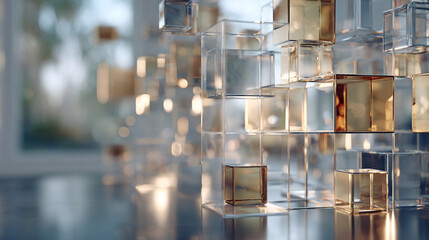 Transparent floating grids symbolizing innovation and connectivity — sleek, geometric, and hyperrealistic, blending technology and imagination in luminous spatial balance.