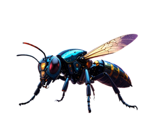 Stylized blue and black robotic wasp with translucent wings isolated on a black background