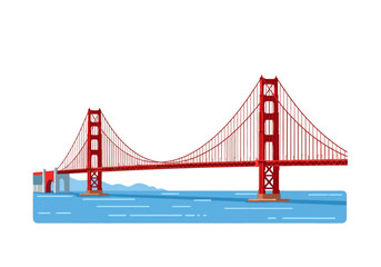 Iconic Golden Gate Bridge Suspension Structure Over Water.