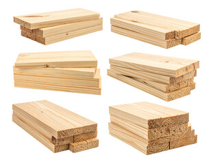 Six stacks of rectangular, blonde, wooden planks are arranged against a dark background