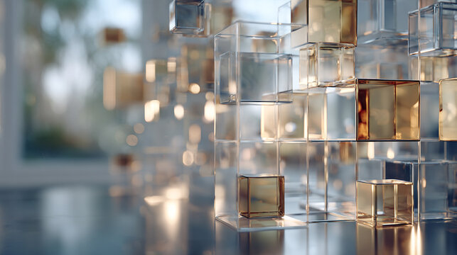 Transparent floating grids symbolizing innovation and connectivity — sleek, geometric, and hyperrealistic, blending technology and imagination in luminous spatial balance.