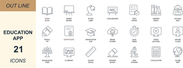 
Education app out line icons set for apps, UI and web. Includes school, study, online learning, knowledge, exam, graduation, library, tutorial and academic symbols.