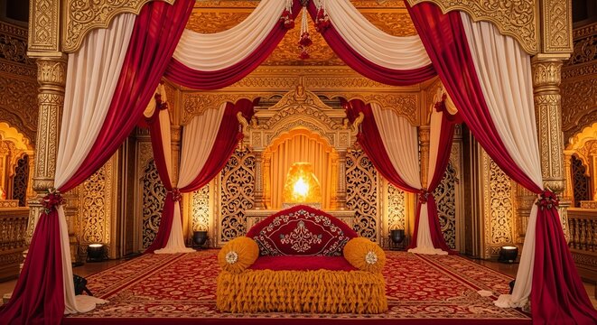 Ornate indian wedding mandap with red and white drapes and golden throne