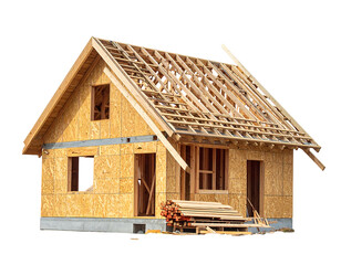 Small unfinished house with plywood walls and exposed rafters, isolated on black
