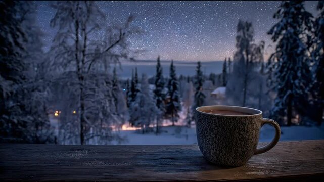Warm drink in a mug on a wooden surface with winter landscape background