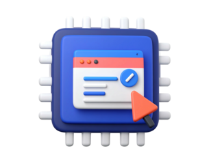 Stylized computer chip with window and cursor, showcasing processing in 3D rendering on black