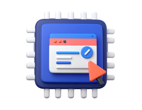 Stylized computer chip with window and cursor, showcasing processing in 3D rendering on black