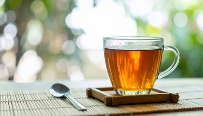 A refreshing glass of hot tea on a bamboo mat outdoors