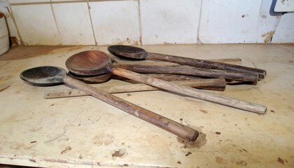 Rustic Kitchen Utensils A Close-Up of Wooden Spoons and Ladles