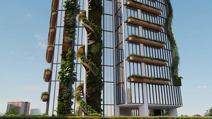 Modern building with vertical gardens and balconies on glass facade architecture - Powered by Adobe