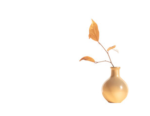 Still life with brown leaves in a small beige vase against a stark black background