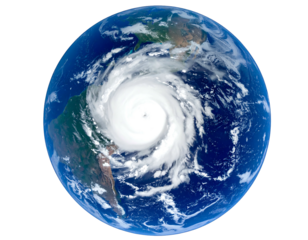 Earth view from space, a large swirling hurricane dominates over land and ocean, surrounded by blue and white