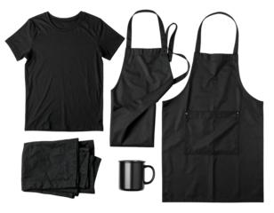 Dark goods flat lay T-shirt, aprons, towels, and mug arranged on a black background, creating contrast and depth