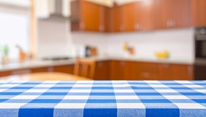 Empty blue checkered table in a blurred modern kitchen setting for display