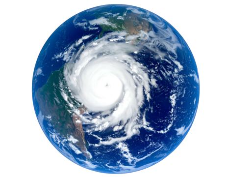 Earth view from space, a large swirling hurricane dominates over land and ocean, surrounded by blue and white