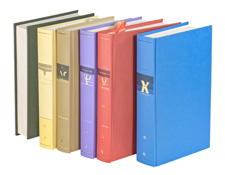 Stacked bound books, spines visible, in shades of green, yellow, purple, red and blue, against a solid black background