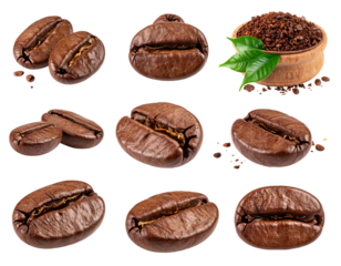 Collection of roasted coffee beans with a wooden bowl of grounds against a transparent, black background