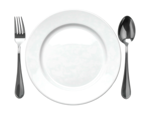 Clean white plate centered between silver fork and spoon on a black background