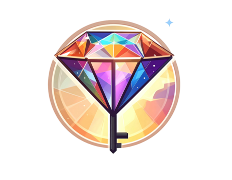 Stylized diamond key on a round background with warm colors and abstract polygonal reflections