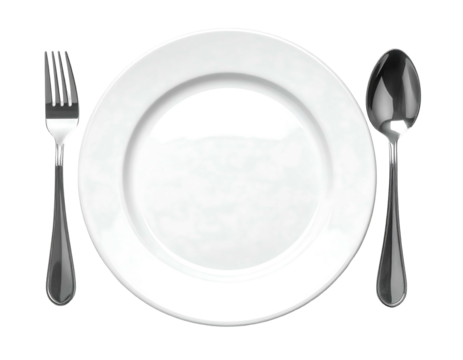 Clean white plate centered between silver fork and spoon on a black background