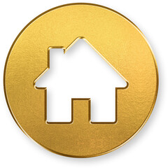 3D Gold Home Icon with House Symbol on Shiny Metallic Circle Button