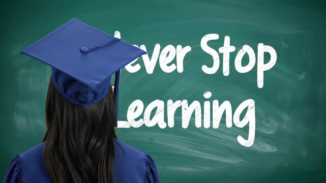 Graduate Student with Dark Hair Standing Before Chalkboard with Text