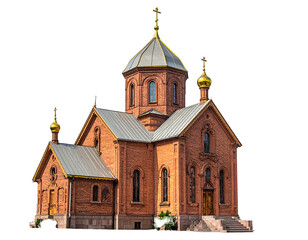 A red brick Orthodox church with silver and gold domes stands against a stark black backdrop in this striking image