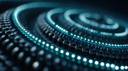 An assembly line twists into a glowing turquoise spiral, creating a dynamic and futuristic scene. The hyperrealistic image symbolizes innovation, motion, and the seamless flow of industrial technology