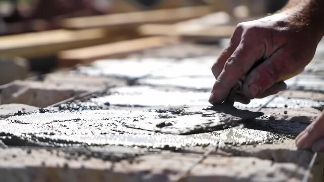 Close-up of a worker's hand using a trowel to spread wet cement on a row of bricks at a construction site. Shallow focus highlights the texture of the mortar under bright sunlight.