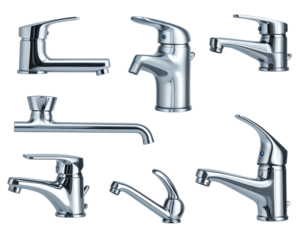 Collection of shiny chrome faucets isolated against a black background; various modern designs, casting strong reflections