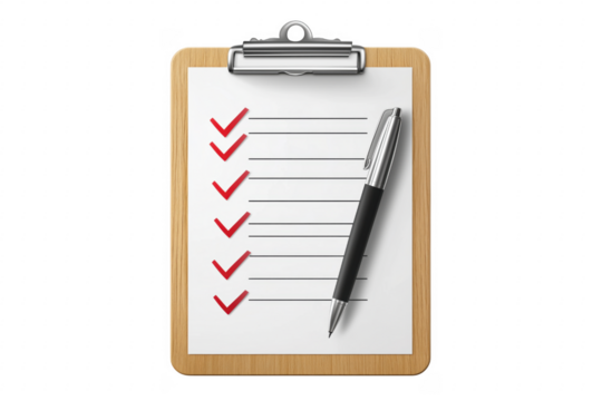 Checklist board with pen and red marks isolated on a transparent background