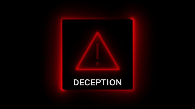 Red Neon Warning Triangle Symbol with Exclamation Mark and Word DECEPTION on Black Background