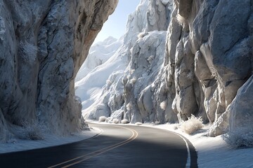 Drive through stunning winter wonderland with snow-covered mountains and breathtaking icy cliffs on a pristine road perfect for adventure travel
