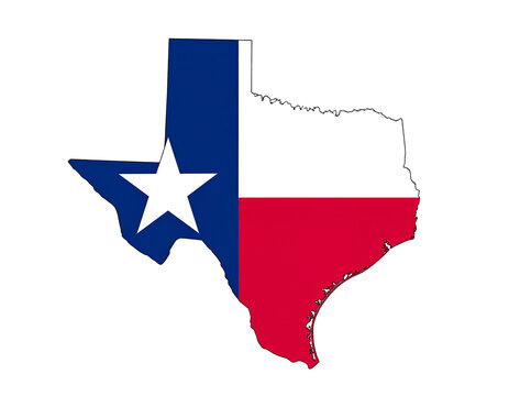 Texas flag map shape. Isolated against black. Star, blue, white, red colors of the flag are visible