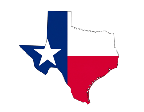 Texas flag map shape. Isolated against black. Star, blue, white, red colors of the flag are visible
